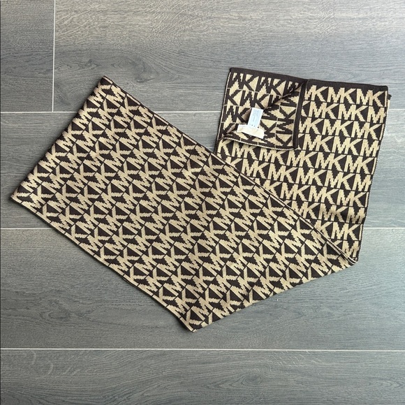 Michael Kors Signature "MK" Monogram Pattern Brown and Tan Scarf - Picture 9 of 10